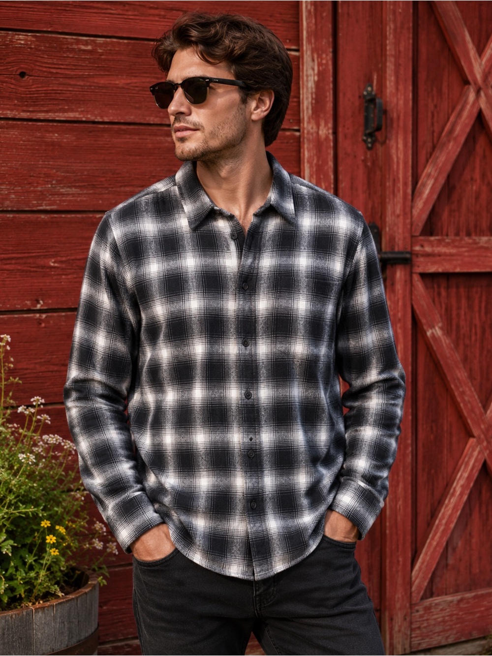 Georg Roth Los Angeles Men’s Gray & White Plaid Cotton Flannel Button-UpShirt XL